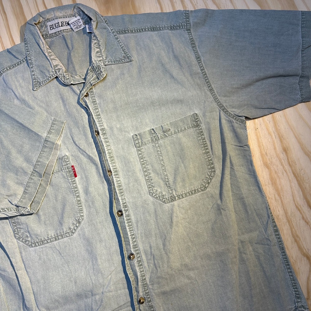Bugle Boy Men's Denim Shirt Light Wash Short Sleeve Cotton Button Down Size L